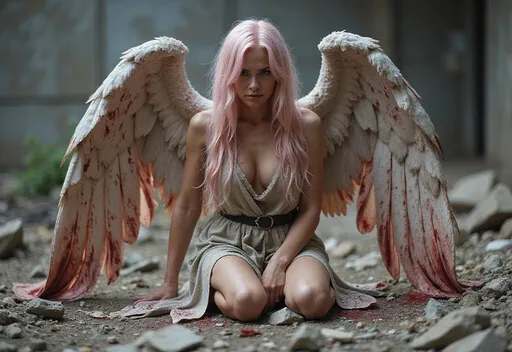 Prompt: Gorgeous muscular 45-year-old Female angel with ridiculously long flowing platinum pink hair, her body  is wrapped dirty robes covered in blood. Large and broken bloody wings, she's on her knees in the middle of rubble.
