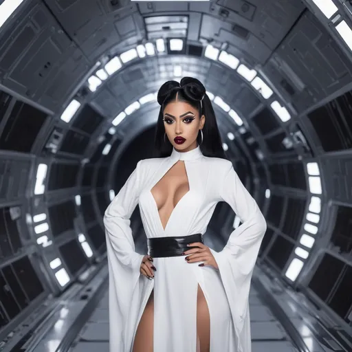 Prompt: Pricess Leia is a beautiful 35-year-old Turkish drag queen with big busom, dark eyeshadow and dark red lipstick, sashaying through the halls of the Death Star.