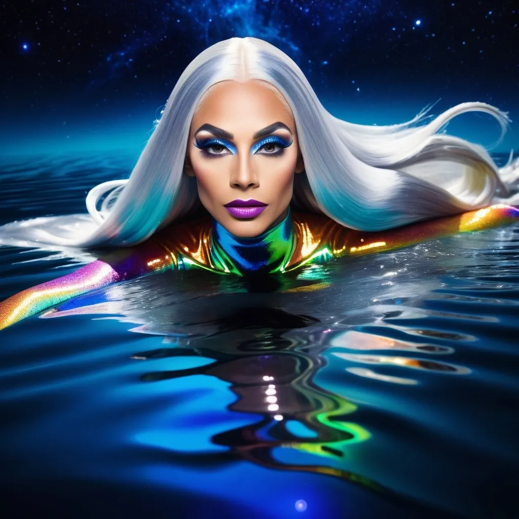 Prompt: A gorgeous ultra-muscular 25-year-old Swedish drag queen goddess with very long straight silver hair swimming in a lake of liquid Mercury in outer space. Vivid colors. Hd imaging.