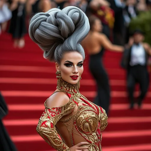 Prompt: Glamour photography of Gorgeous ultra-muscular 25-year-old (Caucasian) Russian drag queen bodybuilder with a huge busom, and very long wavy black & grey tight updo hair on the Met Gala steps in New York wearing designer bronze and red gown with long train, intricate details, glitter and jewels, posed 3/4 turn standing, smile, in the style of Guy Aroch