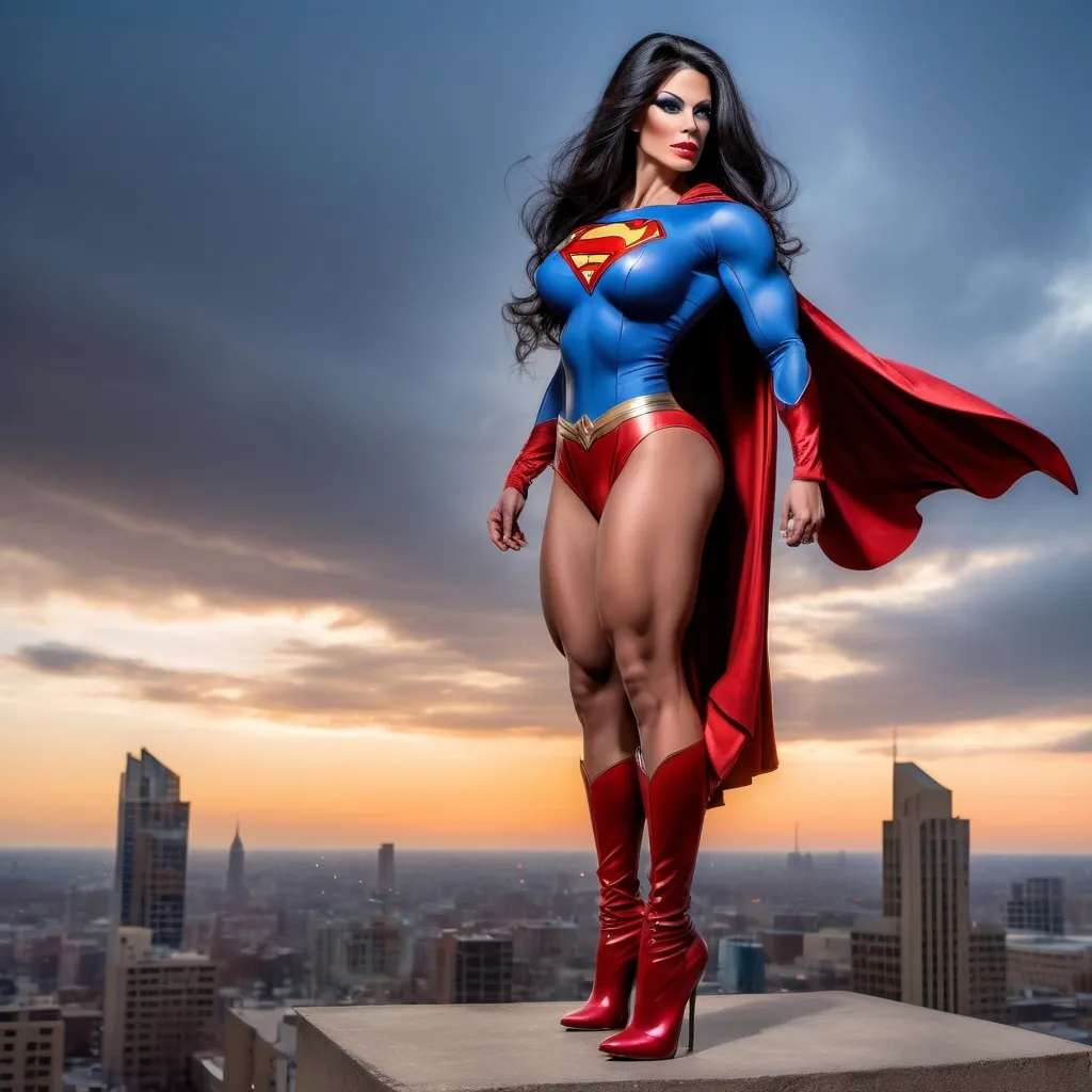 Prompt: Gorgeous muscular 35-year-old Romanian drag bodybuilder with long flowing wavy black hair (((blowing in the wind))), large busom, dressed as Supergirl (((DC Comics Character))), 8 inch stiletto high heel boots, standing on a gargoyle looking down on Metropolis at dusk. Cape blowing in the wind.