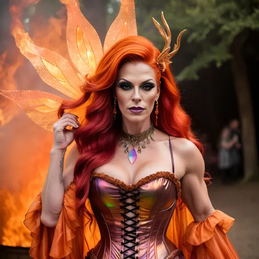 Prompt: Gorgeous muscular 35-year-old British drag queen (strong masculine  jawline and brow features) with burnt orange hair wearing a fire fairy Renaissance fair outfit, gauzy and iridescent fabric, iridescent billowing layered gypsy dress and cinched corset, flowy sleeves, shiny translucent iridescent red orange yellow
