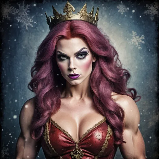 Prompt: Grunge medieval Gorgeous 25-year-old Daphne Blake drag queen bodybuilder (strong drag queen facial features), impasto, old picture effect, whimsical, highres, detailed, medieval, impasto, old picture effect, grunge, Snow White, fairy tale, dark tones, atmospheric lighting