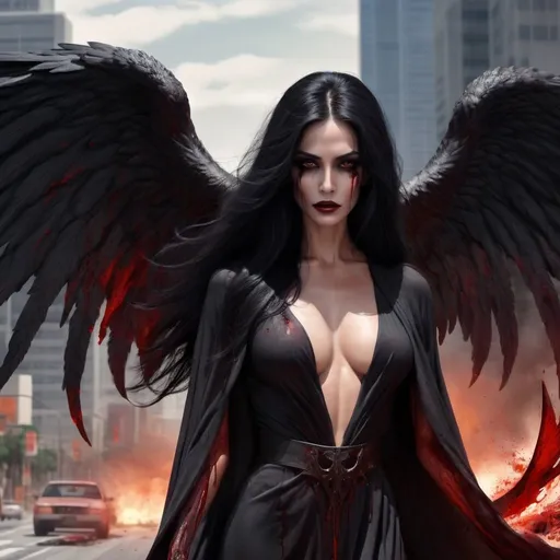 Prompt: Gorgeous, muscular, female, angel of death wearing dark and bloody robes. Ridiculously large wings. Ridiculously long flowing black hair. Flying over the streets of Los Angeles during Armageddon. 