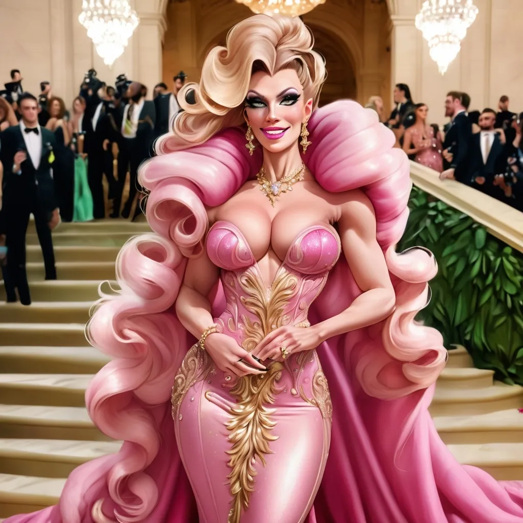 Prompt: Glamour photography of Gorgeous ultra-muscular 25-year-old (Caucasian) French drag queen bodybuilder with a huge busom, and very long wavy pink tight updo hair on the Met Gala steps in New York wearing designer pink and gold gown with long train, intricate details, glitter and jewels, posed 3/4 turn standing, smile, in the style of Guy Aroch