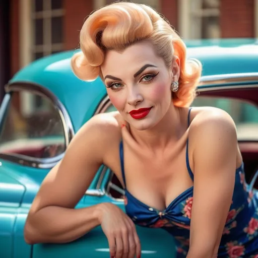 Prompt: photorealistic, (hyperrealistic) portrait of a 50s pinup drag queen bodybuilder model (strong masculine jawline and brow features), posing alluringly by a classic vintage 50s car, vibrant colors, warm sunlight illuminating her radiant skin, nostalgic ambiance, vintage pin-up poster style, high-quality, detailed textures, retro fashion style, captivating smile, glossy finish, soft focus on the background to highlight the model and car, creating a timeless nostalgic feel.