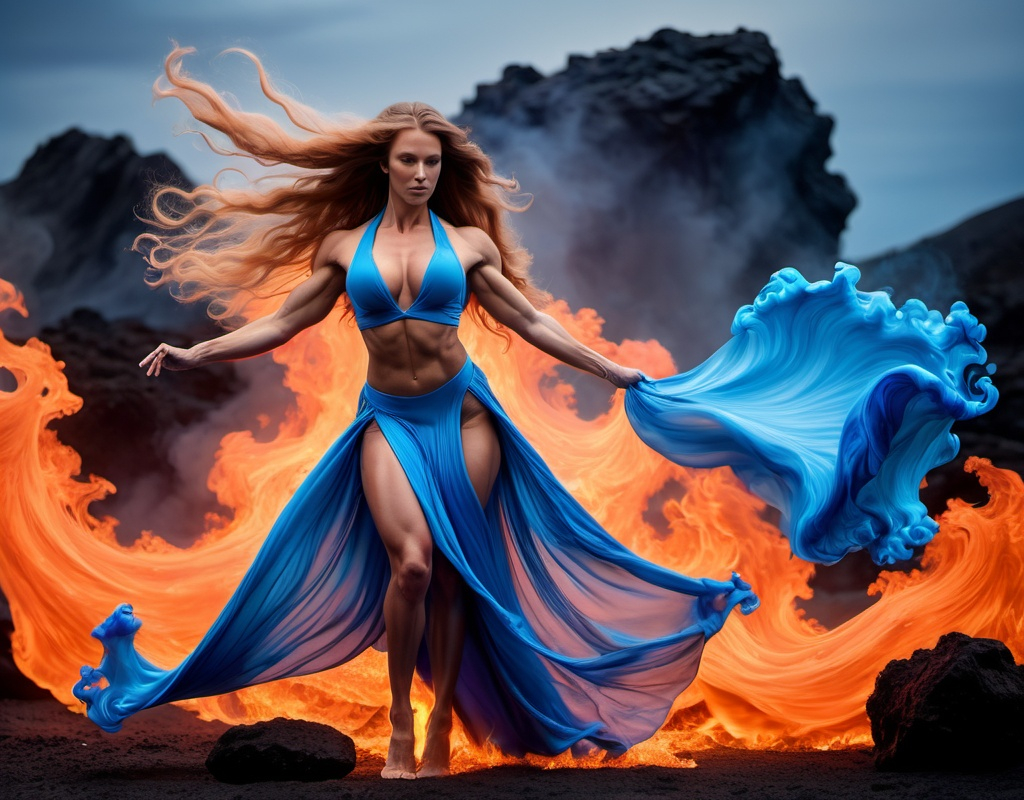 Prompt: Gorgeous ultra-muscular 25-year-old Swedish goddess bodybuilder dancing on blue flame, silhouette, lava, long flowing blue flame gown, huge busom, long wavy fiery hair, long muscular legs, very muscular dancing female, mystical background,