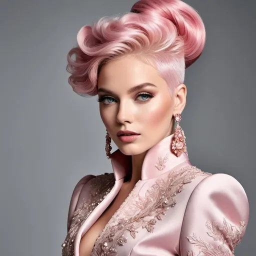 Prompt: A mesmerizing portrait graces the cover of an elite fashion magazine, capturing the essence of high-end sophistication. Set against a white back drop, the gorgeous pink haired model exudes confidence and allure, adorned in exquisite fashion garments that epitomize elegance and class. This breathtaking image transcends traditional notions of style, embodying an innovative vision of haute couture that pushes the boundaries of modern aesthetics.