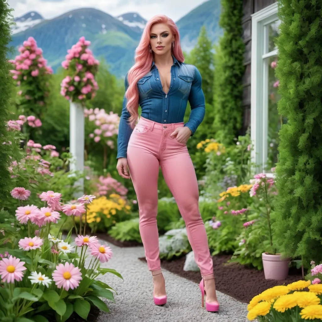 Prompt: 64k hi-res hd ultradetailed digital photograph of a 25-year-old Norwegian transwoman bodybuilder, long muscular legs, 8 inch stiletto high heel shoes, realistic garden scenery, professional makeup, long straight pink hair, DAISY DUKES and denim blouse, facing away, full body shot, facing away, curvy, dimples, pink lips, bright and realistic, garden scenery, professional makeup, flirty mood, perfect composition, burst, highres, ultra-detailed, hyper-realistic, bright colors, rainy. Ultra-realistic, ultra-detailed.