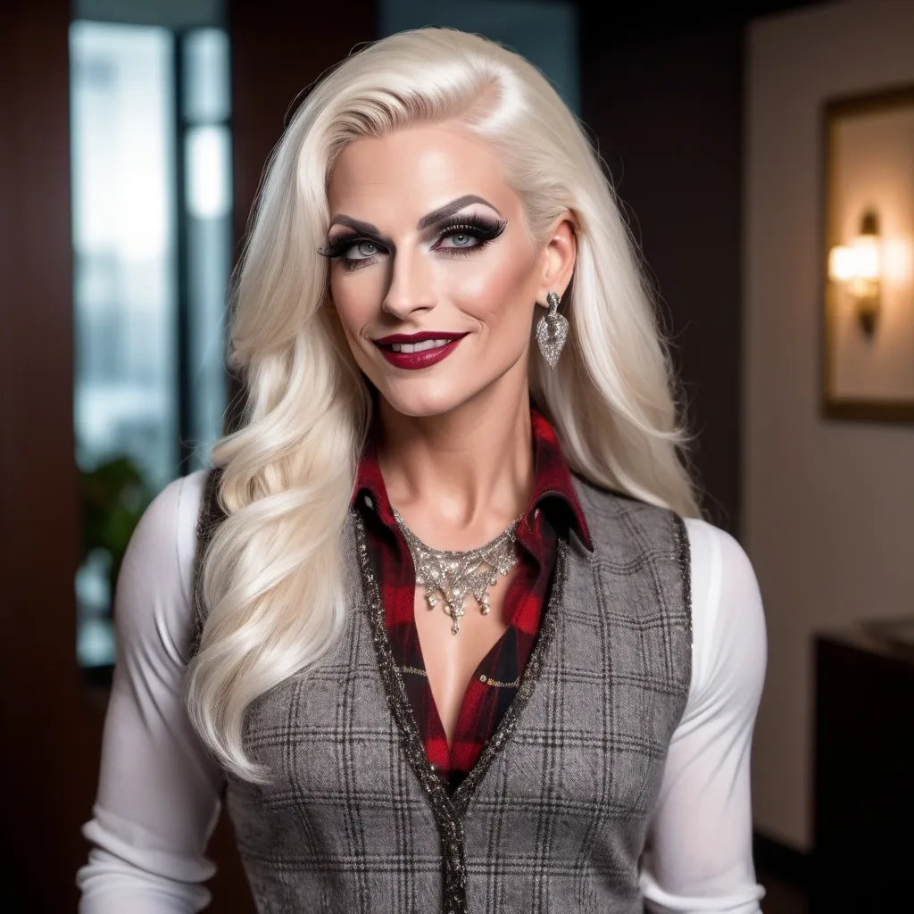 Prompt: Gorgeous muscular 35-year-old German drag queen (strong masculine jawline and brow) with long luscious platinum blonde hair, dark smoky eyeshadow, heavy mascara and dark red lipstick, smile, silver jewels, chic white blouse, tweed sweater vest, plaid pencil skirt, standing profile in a luxe lobby, well lit, high detail & quality, 8k, pro photo.