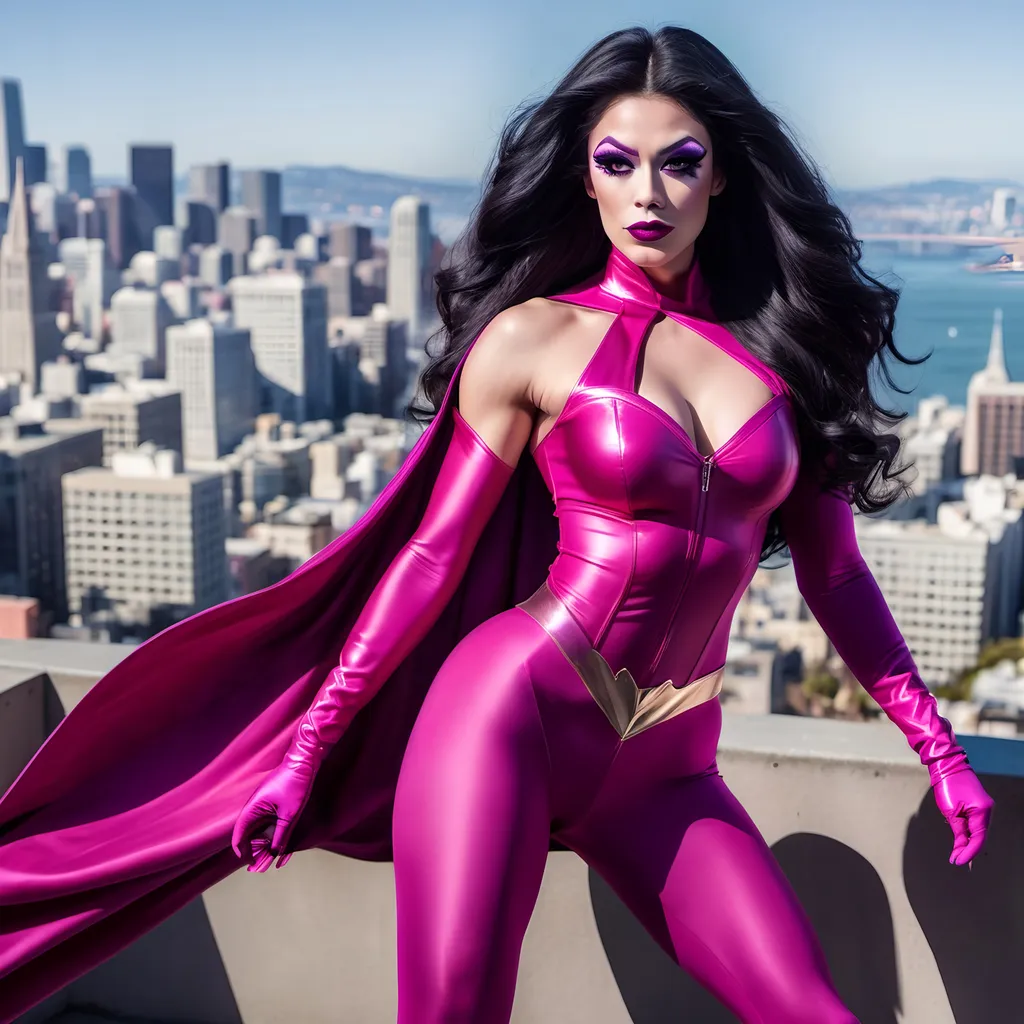 Prompt: Gorgeous muscular 25-year-old Superhero called SuperDrag Queen wearing pink tights, magenta cape and pink stiletto high heel boots, she has long very wavy black hair, dark eyeshadow and dark lipstick. She's hovering over San Fransisco, strong pose. 