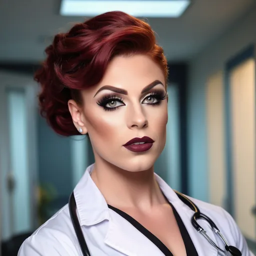 Prompt: Gorgeous muscular 25-year-old  British drag queen (masculine facial features) doctor with auburn hair, dark eyeshadow,  dark red lipstick, big busom, photorealistic picture, detailed facial features, doctor outfit, hospital background, confident expression, intelligent gaze, high quality, professional lighting