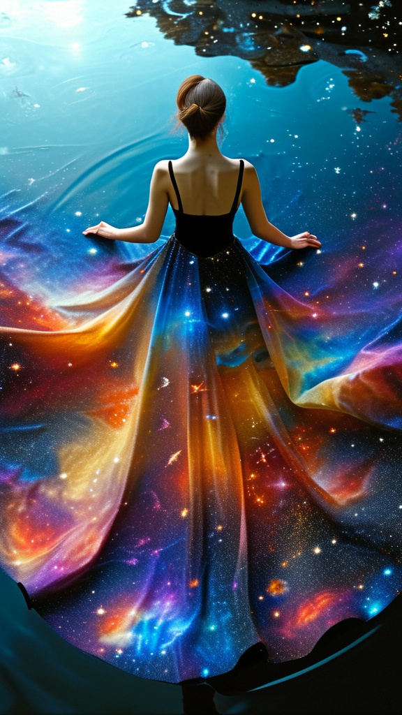 Prompt: Visualize a woman in a magnificent dress that resembles a cosmic galaxy. The dress is designed with a gradient of deep space colors, from the intense blues and purples of nebulae to the stark black of the void, sprinkled with stars and celestial bodies. It flows elegantly, defying gravity, as if she's floating through the cosmos. Her posture is majestic and serene, with her arms gently raised as if she's orchestrating the very movement of the stars. The backdrop is the infinite darkness of space, and below her, the reflective surface suggests she is hovering above a mirror-like lake that reflects the universe contained in her gown.