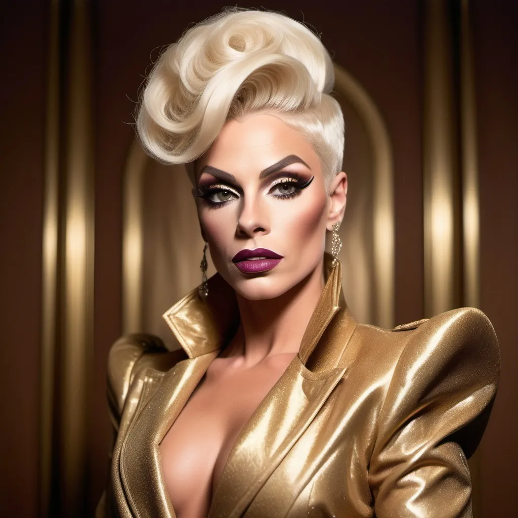 Prompt: "A gorgeous muscular British drag queen in her late twenties with striking platinum blonde hair and light brown eyes that shimmer with a golden hue. She has a sharp, regal face and an air of authority. Known as the 'Golden Dutchess,' she is tall and muscular, exuding confidence and refinement. Dressed in a tailored noble coat with intricate detailing, she stands in a grand hall, her demeanor poised yet guarded, hinting at a troubled past beneath her polished exterior."