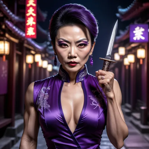 Prompt: A mature, gorgeous muscular Chinese drag queen assassin wearing a dark purple, form-fitting, low-cut qipao holds a mini dagger in her hand. On a dimly lit street late at night, her piercing eyes shine brightly as if searching for her prey. She put on a martial arts pose(ultra detailed). fine detailed drawing, professional photo, HDR, UltraHD, a lot of details, pixel study, 3D, detail, photorealism, majestic, stunning, elegant, brillant, sumptuous, magnificent, effulgent, refulgent, fantasy, epic, long hair, mystic, full body view, classical and warm lighting style and cinematic art 
