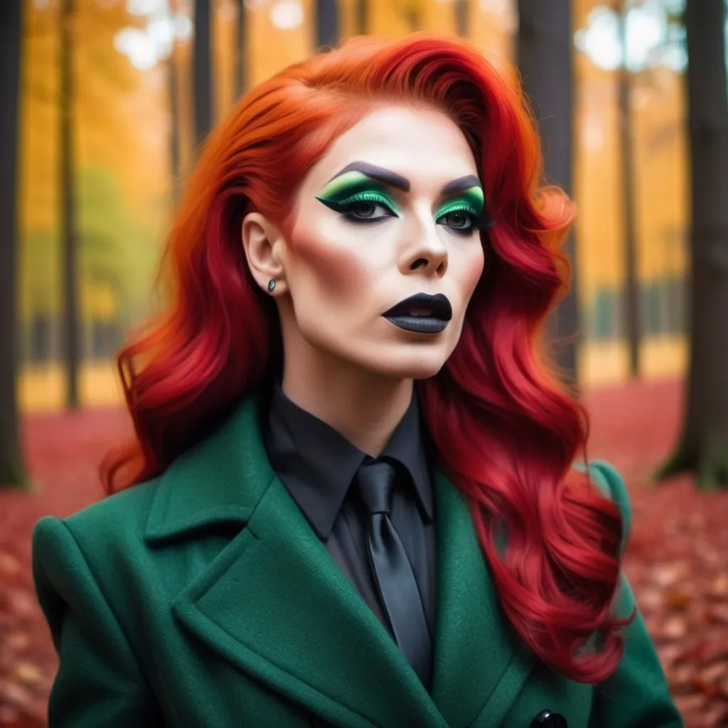 Prompt: Beautiful drag queen, bright red hair, in autumn forest in green long fashion coat, dark eyeshadow and dark lipstick,  very strong masculine jawline and brow,.