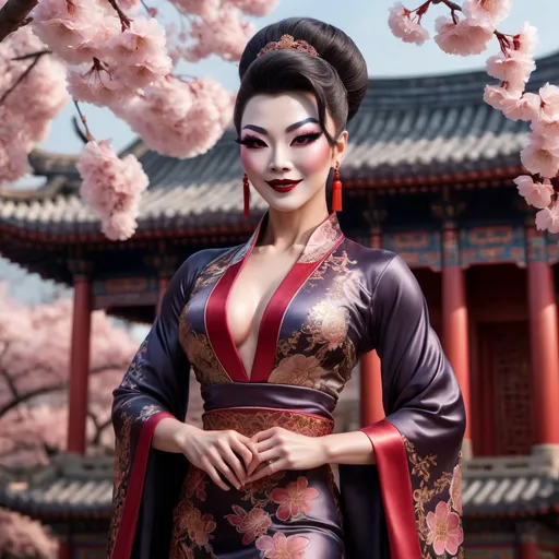 Prompt: (Chinese drag queen bodybuilder), elegant pose, delicate features, dark eyeshadow, dark lipstick, softly smiling expression, flowing traditional dress with intricate patterns, lush silk fabric, warm glowing light, serene atmosphere, cultural background elements such as cherry blossoms and ancient architecture, ultra-detailed, high quality, 4K resolution.