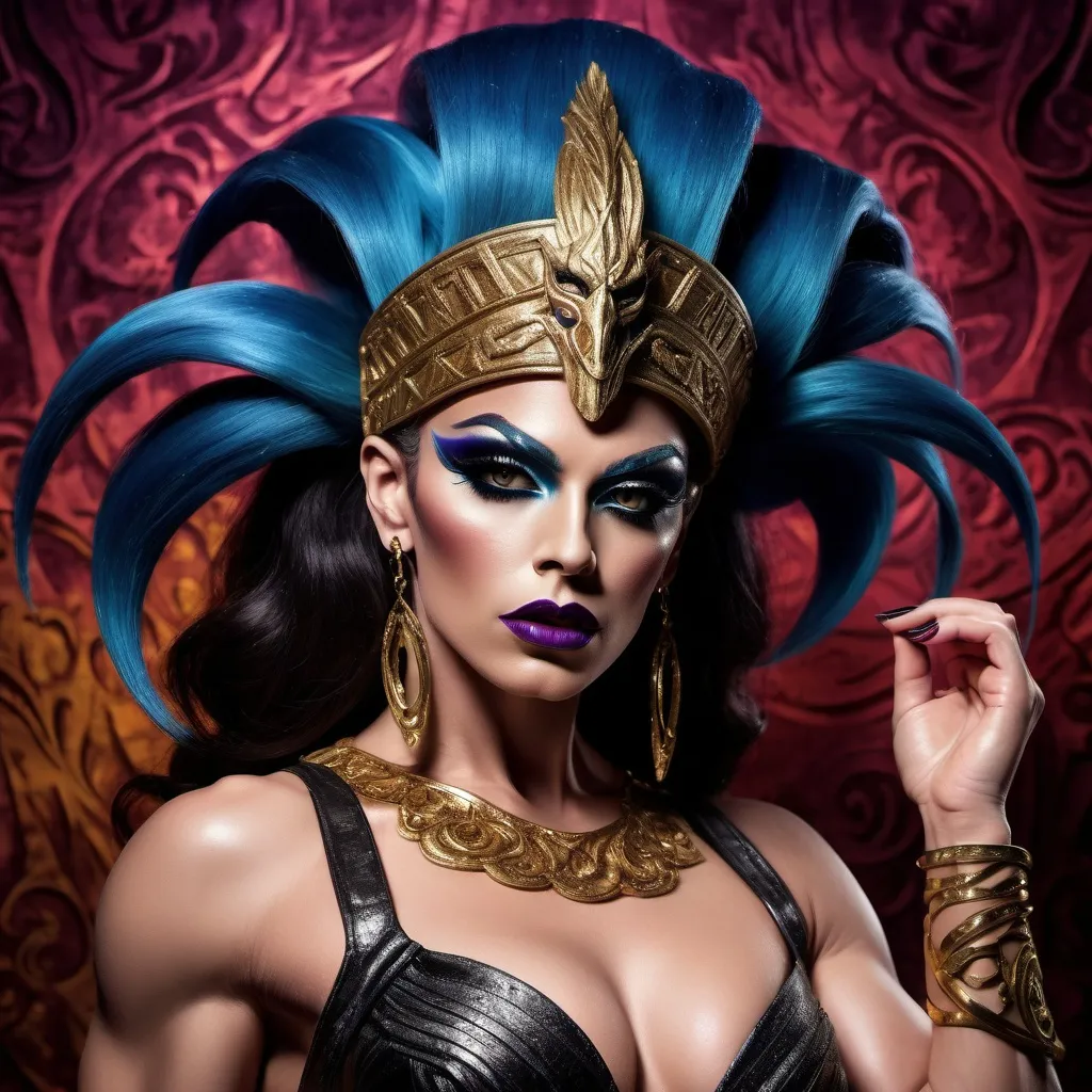 Prompt: If Zeus was a gorgeous hyper-muscular 25-year-old drag queen bodybuilder with Dark eye makeup and dark lipstick. Wearing 8 inch stiletto high heel shoes.