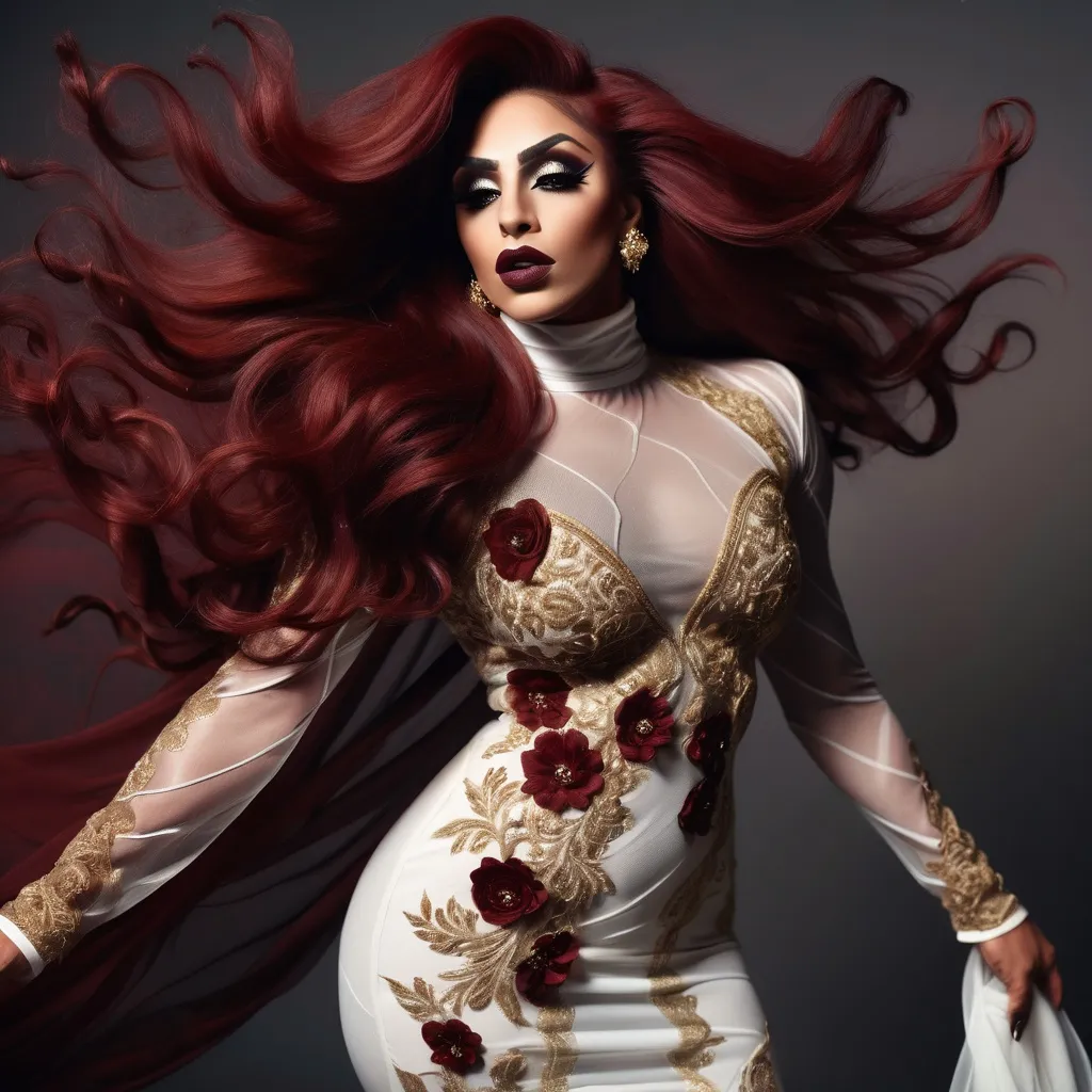 Prompt: Gorgeous ultra-muscular 25-year-old Saudi Arabian drag queen bodybuilder with ridiculously long wavy dark red hair (((blowing in the wind))). Dark smoky eyeshadow and dark red lipstick. Covered turtle neck, Intricate floral gold embroidery, lace see through mesh chiffon fabric, very flowy, Full length image, bronze white embroidery dress ,posing,captured with soft focus and muted colors typical of early film photography, caftan Moroccan dress, tight fitted mermaid, ruffles