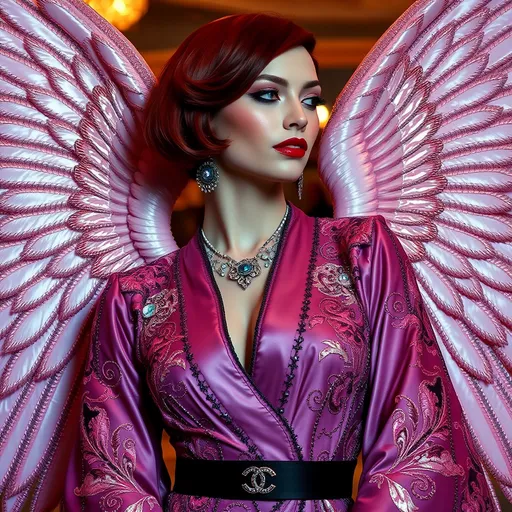 Prompt: Chanel Armani Gatsby extravagant luxury 1990's 1920's 1940's fashion in 
Lavender Crimson tea pink black silver abalone on gorgeous ultra-muscular 25-year-old Swedish drag queen bodybuilder model with short swept over dark red hair in elaborate beaded 1920's Chanel japanese Korean fitted kimono iris van herpen silk embroidered suit with chartreuse chrome peach ABALONE ANGEL WINGS and with apricot hair as a Sandro Botticelli Portrait full body painting in Monaco casino. MUSCULAR PHYSIQUE.