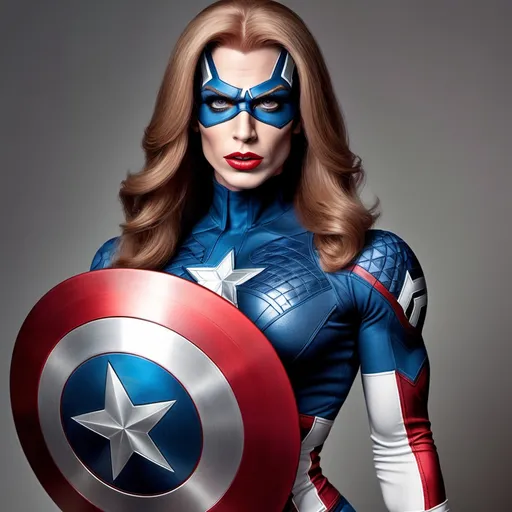 Prompt: If Captain America was a gorgeous supermodel drag queen (full length photo) with long muscular legs and a very muscular physique