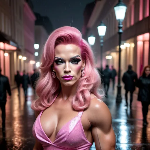 Prompt: Arnold Schwarzenegger dress as A hyper realistic flawless 25-year-old gorgeous Austrian drag queen bodybuilder with pink hair walking the streets as a classy debutante on a dark and rainy night. Heavy makeup.