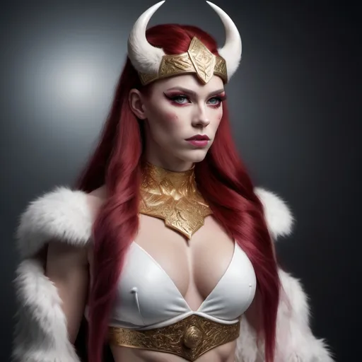 Prompt: Wide angle. Entirely pure white furred gorgeous ultra-muscular 25-year-old Asgardian Viking drag queen Goddess. Dark red long hair and fade glossy pink almond eyes. fur made of pure white braids. The most gorgeous of all. Viking style. Asgard background. Full body view. award winning photography. hyper realistic photography, Goldsmithery, Goldsmith's work, Hyper detailed, light effects, fire like engravings, Dramatic light. Hyper realistic, hyper intricate, gold and metal, 3/4 view, 8k, Full-body shot, Full-body view. Gold jewelry, 8k, hyper detailed, high quality, photo realistic. Extremely detailed and intricate, Award winning photography. Artistic shot.