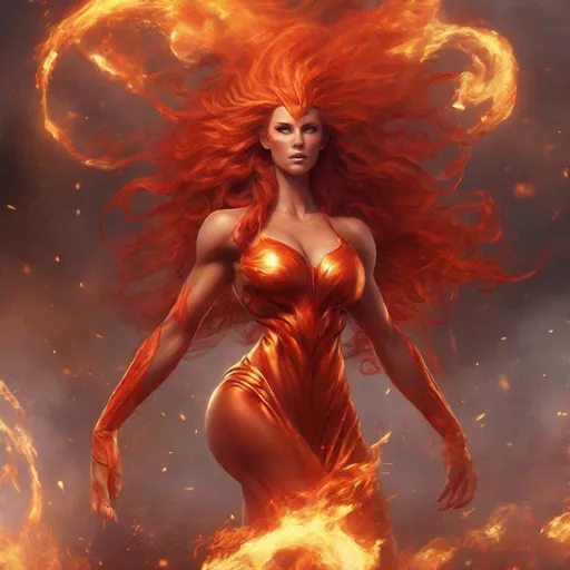 Prompt: Gorgeous ultra-muscular 25-year-old Finnish goddess bodybuilder with huge busom and with ridiculously long flaming fiery hair, {{ultra definition, concept art, cinematic, epic 4K masterpiece}
a goddess of fire, fiery hair, fieryb eyes, surrounded by fire, tall and evil,
{clothes] red fiery dress, mythology, full body, 8 inch stiletto high heel shoes, highly detailed, digital photography, artstation, concept art, smooth, sharp focus, illustration, 4k,