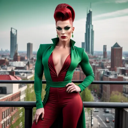 Prompt: Gorgeous muscular 25-year-old Belgian drag queen (strong masculine jawline and brow) with very long dark red tight updo hair in a green outfit and 8 inch stiletto high heel shoes, with a cityscape background, Erlund Hudson, transgressive art, promotional image, a character portrait