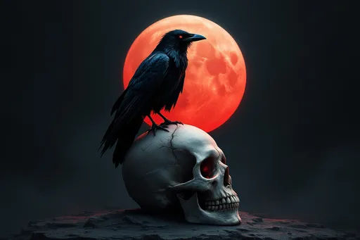 Prompt: A raven sitting atop a human skull lit by a blood moon