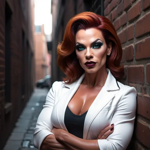 Prompt: digital painting of a gorgeous muscular 35-year-old French drag queen bodybuilder (strong masculine jawline and brow facial features) with Dark orange hair, dark eyeshadow, and dark red matte lipstick, brick wall in a dark alley way ,she is leaning against the brick wall in a dark alleyway and posing for a picture(low angle shot), white jacket , teal sleeveless crop top ,High-Waisted Pants, nighttime , dramatic lighting on her, eerie atmosphere  