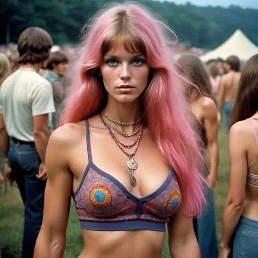 Prompt: Photorealistic retro 1968 news editorial photograph, Woodstock festival, award winning photography, journalism
Photo, peace and love, summer of love, psychedelic experience, dusk, full-body focus, gorgeous ultra-muscular Swedish hippie goddess with huge busom and long pink styled hair, boho woman with tube top and amazing style, bold color palette. Composition focus on full-body. Full-body muscular physique.