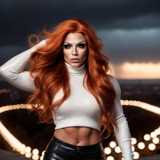 Prompt: Gorgeous ultra-muscular 25-year-old Finnish drag queen bodybuilder with very long wavy dark orange hair (((blowing in the wind))) wearing white turtleneck sweater and black leather pants, is standing on the edge of oblivion, a dark chasm filled with sparkling lights. A stormy sky is overhead.