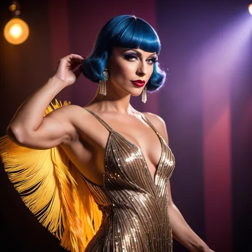 Prompt: Gorgeous hyper-muscular 25-year-old Polish drag queen bodybuilder caucasian flapper dancing in a 1920s jazz-age nightclub, vibrant and colorful, full body , shimmering fringe dress, confident posture, smoky and dim lighting, high quality, vibrant colors, glamorous, 1920s, jazz-age, confident stance, dim lighting, nightlife