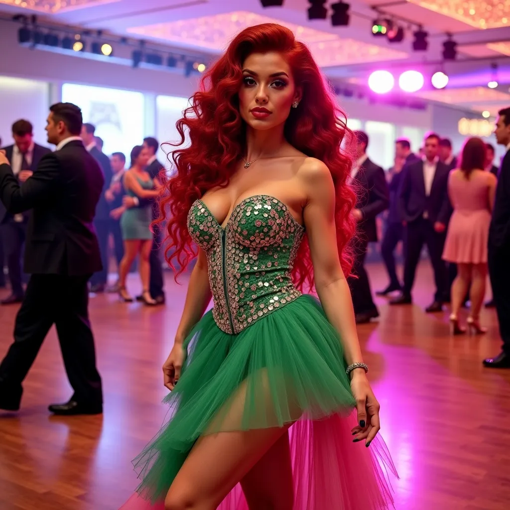 Prompt: Gorgeous ultra-muscular 25-year-old Czechian drag queen bodybuilder with long wavy dark red hair wearing a green and pink prom dress and posing on the dance floor.