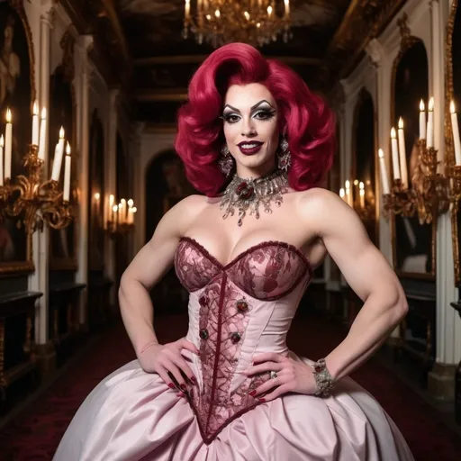 Prompt: Gorgeous muscular 25-year-old British drag queen Princess, with big busom, dark red hair, and burgundy lipstick, at a ball in the Rococo hall, dress half pink, half white, studded collar, stiletto heels, small details, smiling, huge fangs, radiance, flowers, cracks, thorns, full length, slightly at a distance, volume, guro, anatomy, hyper realistic , nightmare aesthetics, horroblood style,  reality, symbiosis, hybrid, abstraction, deep rendering, professional photography, cinematography, full detail, elaboration of hands and fingers