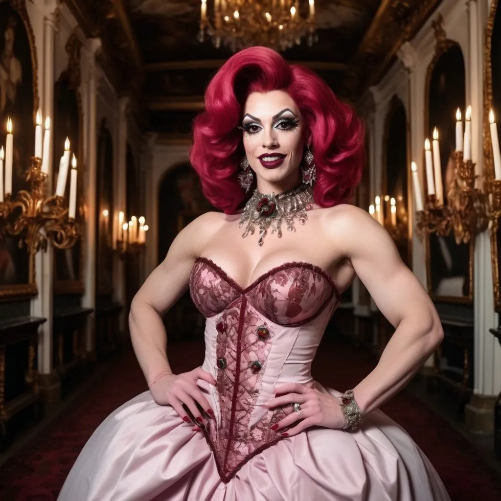 Prompt: Gorgeous muscular 25-year-old British drag queen Princess, with big busom, dark red hair, and burgundy lipstick, at a ball in the Rococo hall, dress half pink, half white, studded collar, stiletto heels, small details, smiling, huge fangs, radiance, flowers, cracks, thorns, full length, slightly at a distance, volume, guro, anatomy, hyper realistic , nightmare aesthetics, horroblood style,  reality, symbiosis, hybrid, abstraction, deep rendering, professional photography, cinematography, full detail, elaboration of hands and fingers