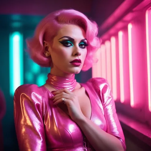 Prompt: Gorgeous 25 years old Czechian drag queen with big busom, short hair, retrofuturistic film noir by Quentin Tarantino, pink glowing haze dreamy atmosphere.