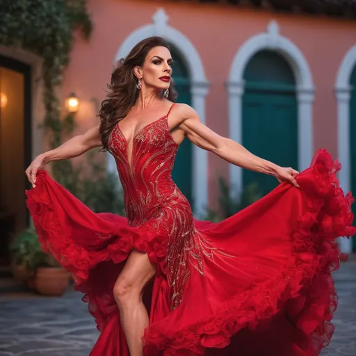 Prompt: (A close-up image)In the warmth of a twilight evening, a gorgeous muscular 35-year-old Spanish drag queen bodybuilder dancer (masculine jawline and brow facial features (hyper intricate facial detail)) dressed in a striking red flamenco gown whirls gracefully in a quaint courtyard setting. Her flowing dress swirls with every intense step and turn, capturing the essence of traditional Spanish dance. The rustic charm of the courtyard complements her fiery performance, with soft lighting casting golden hues that accentuate the dynamic movements of her dance. This compelling scene brings together the beauty of cultural expression and the timeless elegance of flamenco.
Hyper dynamic movement effect art
Splash art, hyper detailed, ultra realistic, highly detailed. Perfect studio lighting, perfect shading, impeccable contrast, HDR, UHD, high res, 64k
