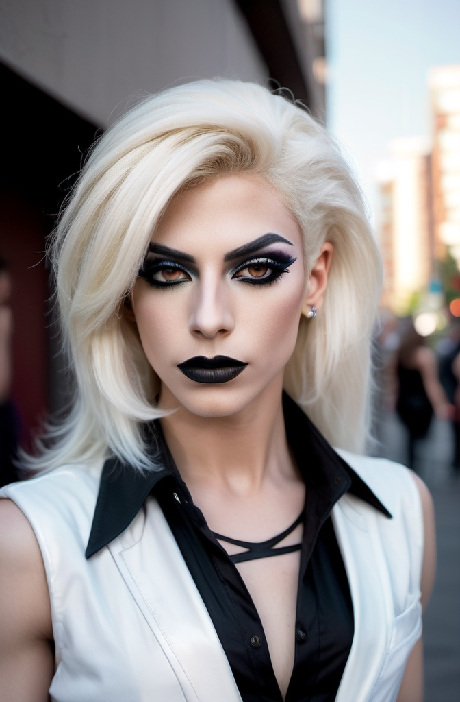 Prompt: Location: Random
Hair color: bleach blonde
Hair length: Random
A high definition hyper-detail live action digital photograph of the most masculine 25-year-old, athletic, Syrian drag queen ever. Masculine jawline, chin and brow. Dark eye makeup and dark lipstick. Wearing a gorgeous ensemble of men's and women's clothing with 8 inch stiletto high heel shoes.