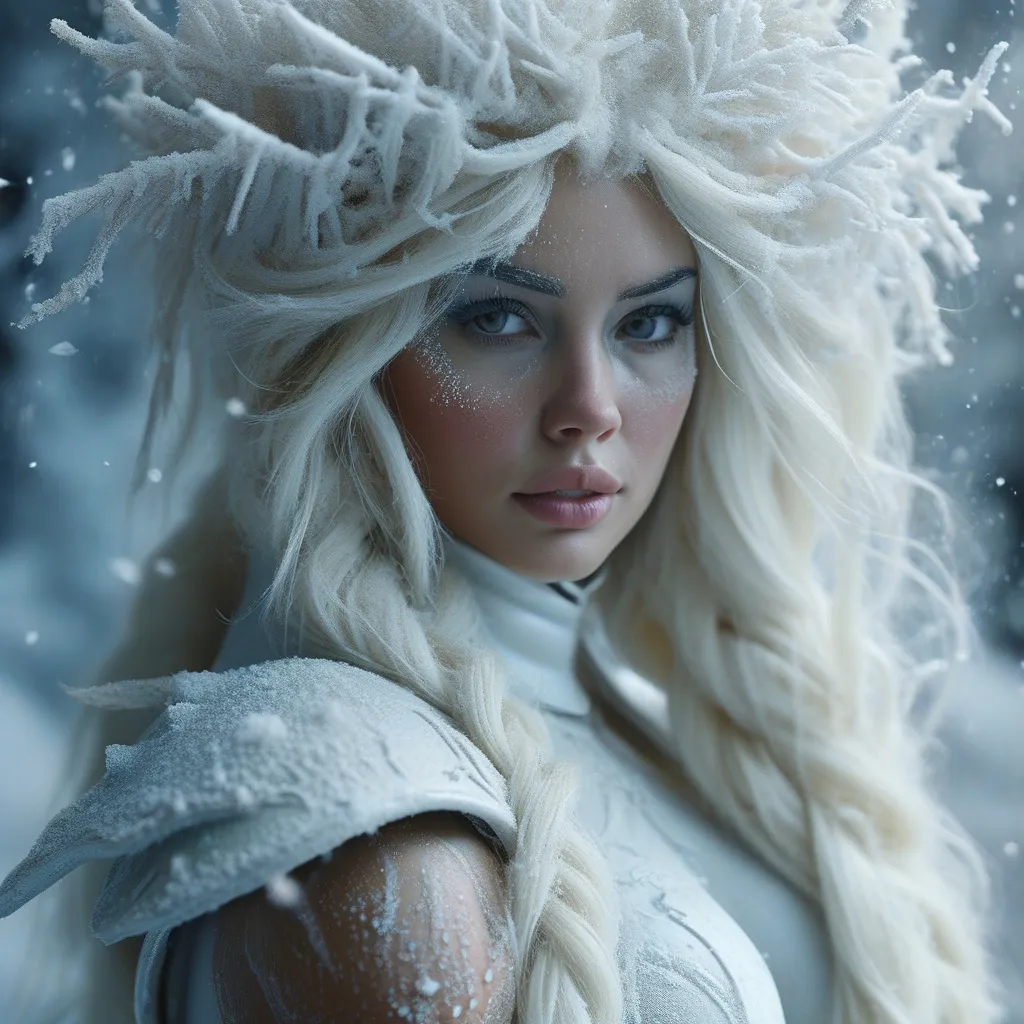 Prompt: Snow swirling, creating a gorgeous Ice goddess with muscular physique, well endowed, and ridiculously long icy hair, minimalistic, sleek