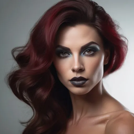 Prompt: Create a highly stylized, ultra-detailed portrait of a Caucasian, Gorgeous, very muscular, suntanned, 35-year-old, French drag queen bodybuilder (with very masculine jawline and brow facial features, dark lipstick) with long, dark red,  corkscrew,  oiled curly  hair, each piece in place. Her face is flawlessly smooth with a porcelain-like finish, set against the bright, intense brunette of her hair. She has a powerful, ethereal presence, with her eyes light blue, grey slightly narrowed, accentuated by smoke eye makeup that blends seamlessly with her hair, creating a monochromatic, cohesive look. Her lips are painted a vivid, matte red, giving a dramatic contrast against her pale, flawless skin. She wears a charcoal turtleneck. The background is a subtle gradient of charcoal tones, giving a sense of warmth and surreal beauty. The lighting is soft and even, highlighting the textures of the hair, fabric, and her facial features, with shadows that enhance the contrast between her pale skin. The overall aesthetic should be bold, modern, and surreal, exuding a sense of power and elegance. Render this in a 1:1 aspect ratio for a balanced, symmetrical portrait that captivates the viewer's attention.