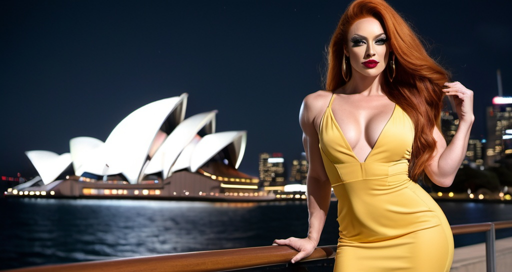 Prompt: Gorgeous ultra-muscular 25-year-old Australian drag queen bodybuilder, ultra-long thick ginger hair (((blowing in the wind))), dark eyeshadow and dark red lipstick, wearing a light yellow knee-high sundress, and 8 inch stiletto high heel shoes standing in front of the Sydney Opera House at night. Muscular physique.