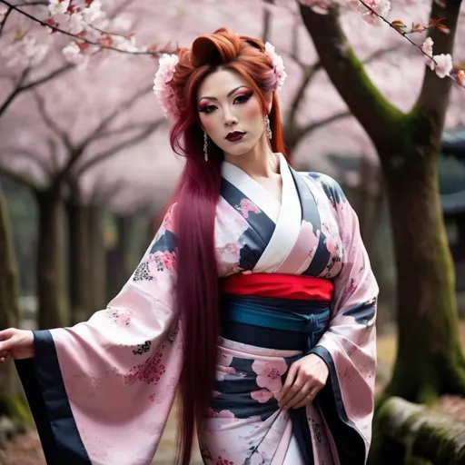 Prompt: Gorgeous muscular 25-year-old Japanese drag queen bodybuilder (with large busom, dark eyeshadow, dark lipstick) in a kimono, serene forest setting, full-body shot, long red hair, open eyes, detailed, traditional Japanese art style, vibrant colors, peaceful atmosphere, cherry blossom trees, elegant pose, long flowing sleeves, serene expression, atmospheric lighting, professional, epic