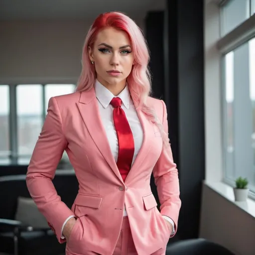 Prompt: Gorgeous ultra-muscular 25-year-old Finnish goddess with huge busom wearing a red business suit, Button up, red color tie, platinum pink hair, Wide shoulders, glamour makeup, full-length 