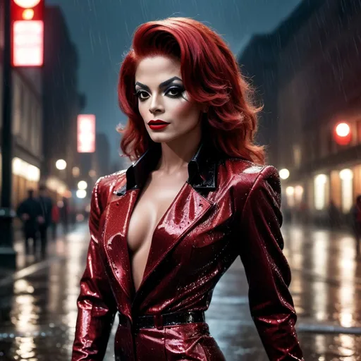 Prompt: Young black Michael Jackson dress as A hyper realistic flawless 25-year-old gorgeous Austrian drag queen bodybuilder with red hair walking the streets as a classy debutante on a dark and rainy night. Heavy eye makeup. Dark red lipstick.