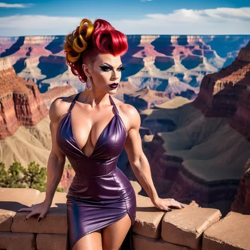 Prompt: Photo of a gorgeous muscular 25-year-old American Caucasian drag queen bodybuilder with Aubrn wavy updo hair, dark eyeshadow,  dark lipstick, and huge busom, wearing a summer sundress and 8 inch stiletto high heels, fierce expression, standing on a street and the iconic Grand Canyon in the background provide a vibrant, cinematic backdrop.  High-resolution camera with Canon EOS R3 and RF 85mm f/1.2 lens captures