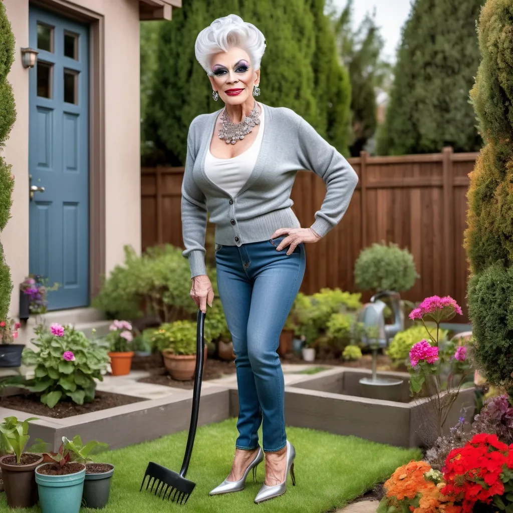 Prompt: Gorgeous elderly drag queen with a silver updo hairstyle, gardening in a backyard while wearing tight jeans, cardigan sweater, abd 8 inch stiletto high heel shoes.