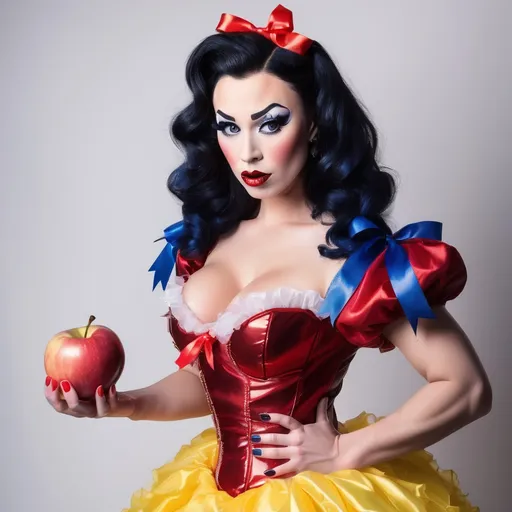 Prompt: Gorgeous ultra-muscular 25-year-old well endowed Finnish drag queen (strong masculine jawline and brow features) with dark eyeshadow,  dark lipstick, and ridiculously short shiny black hair dressed as Snow White with a yellow frilly dress, a blue & red corset, a red ribbon in her hair, and 8 inch stiletto high heel shoes.  Holding an apple in a quaint cottage.