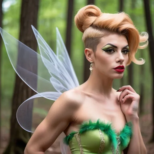 Prompt: Gorgeous 25-year-old (caucasian) muscular French drag queen ((strong masculine jawline and brow)) with fit figure, and long strawberry-blonde updo hair (((blowing in the wind))), dressed as Tinkerbell, sheer nylon stockings, and 8 inch stiletto high heel shoes, posing in the forest, pixie dust in the air..